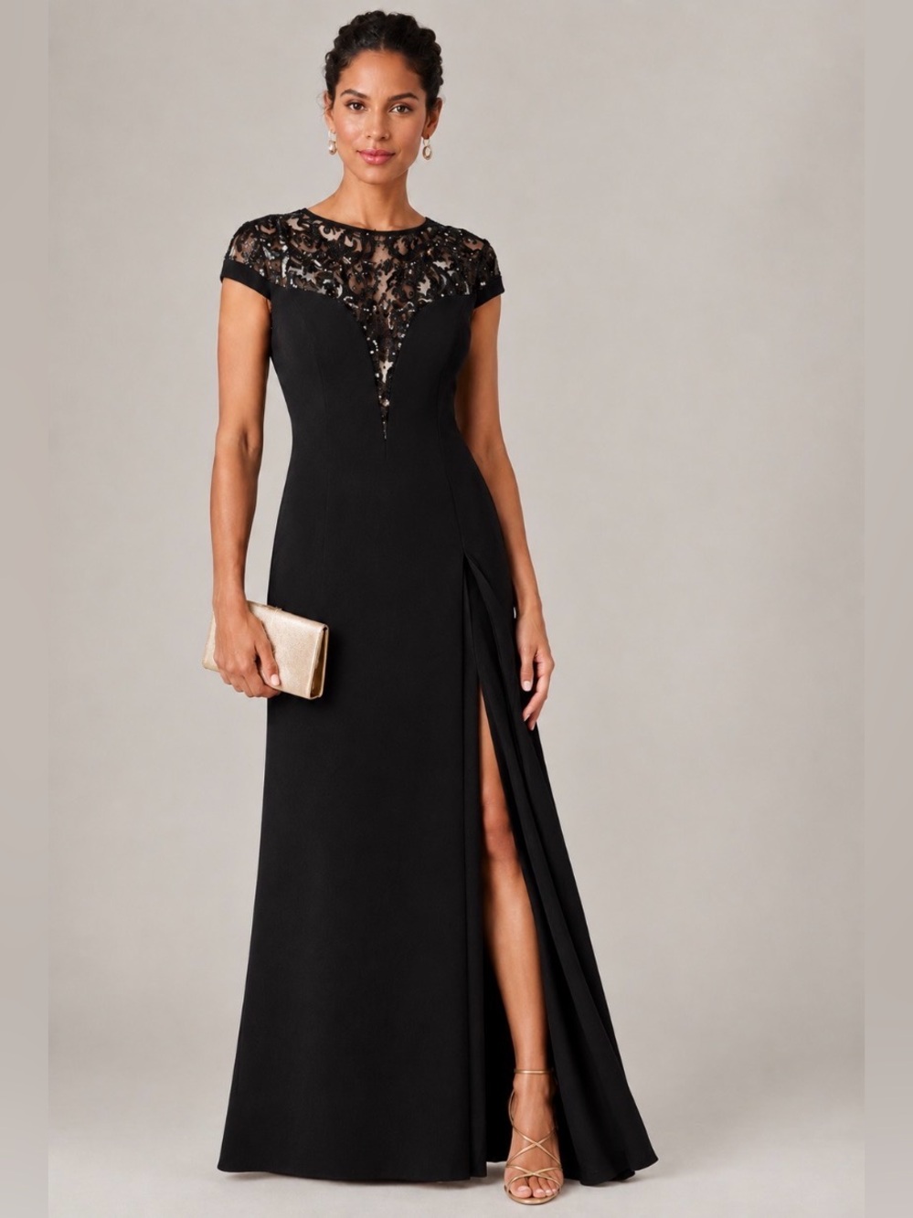 Adrianna Papell Cap Sleeves Black Evening Gown with Sequin Lace Yoke